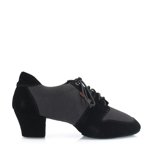 Vivaz Gala black latin and ballroom dance shoe with 2 inch suede Cuban heel and breathable mesh upper, side view