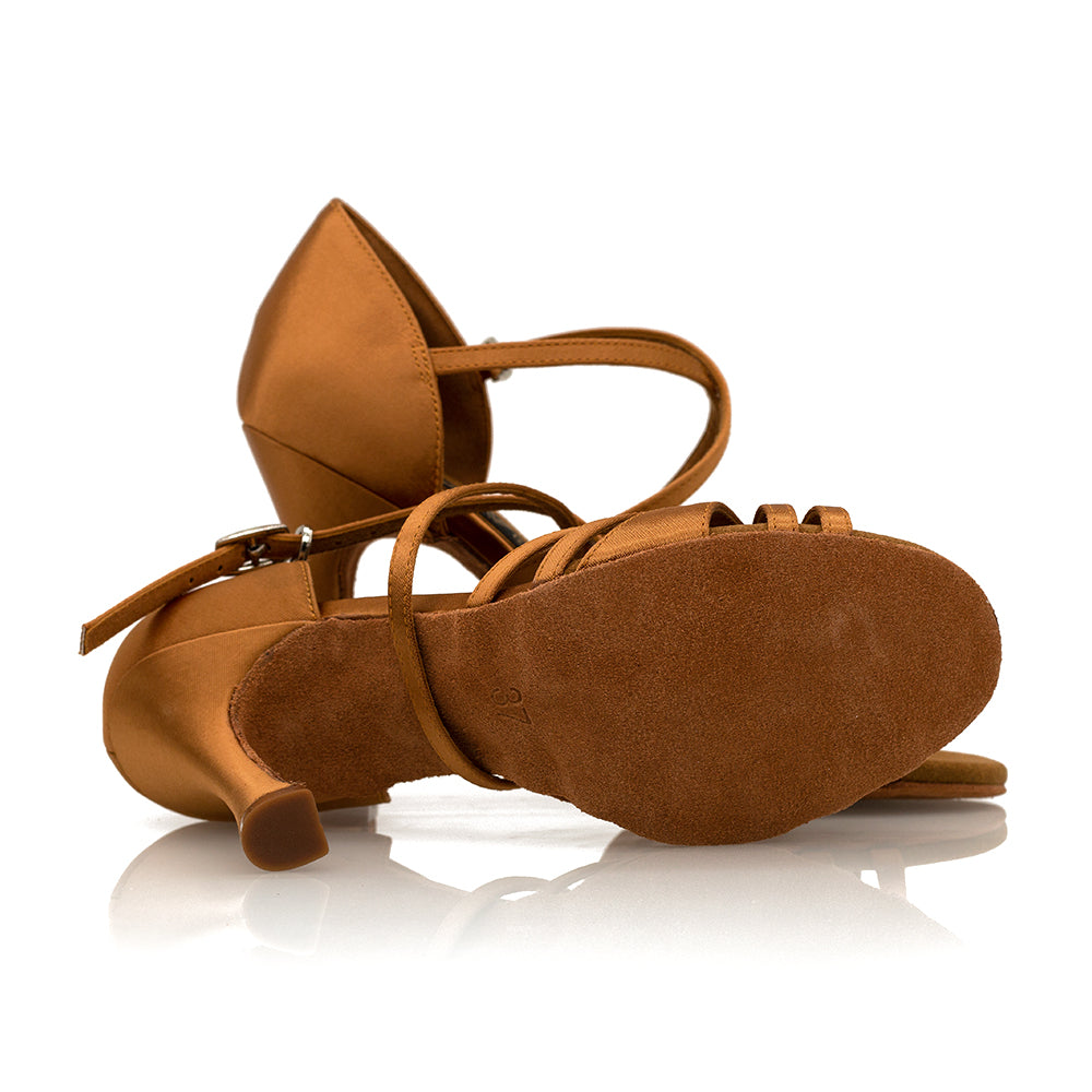 "Kira" Ladies latin sandals | Dark Tan Satin | 3.75" flare heel - Vivaz Dance