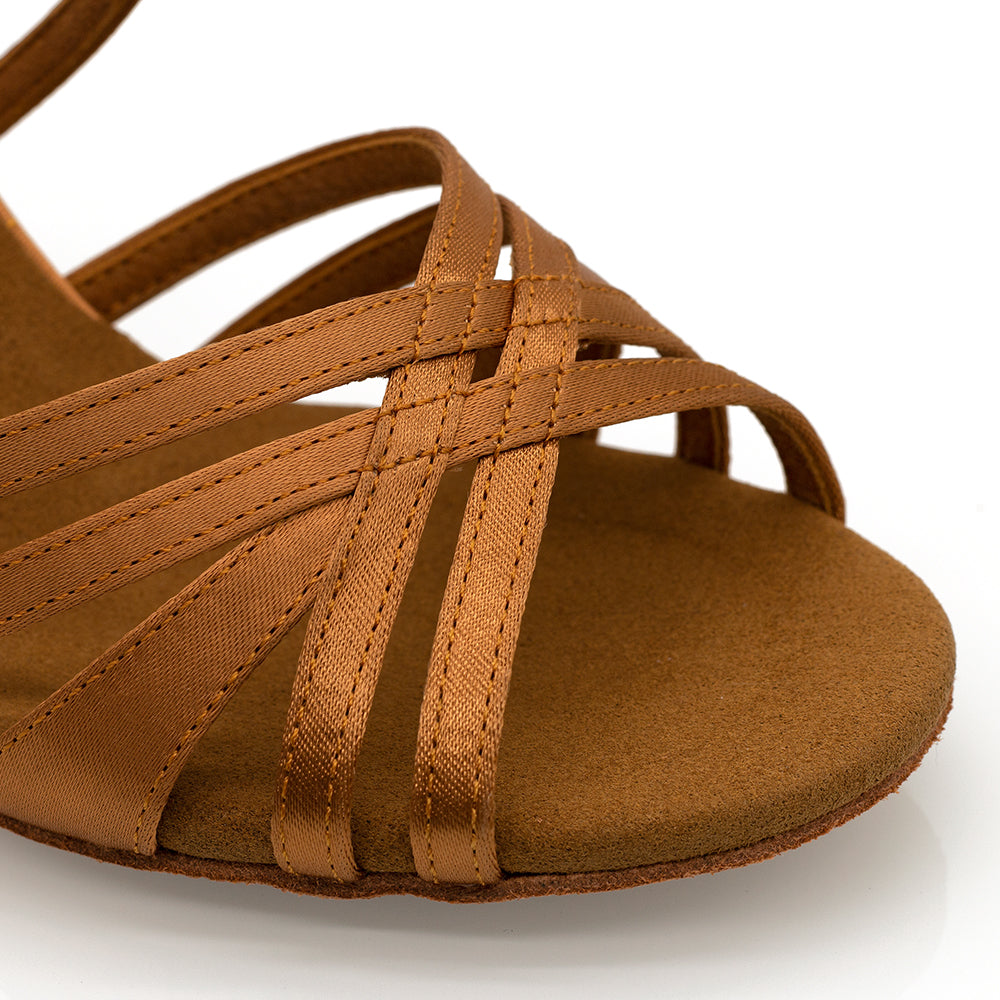 "Kira" Ladies latin sandals | Dark Tan Satin | 3" flare heel - Vivaz Dance