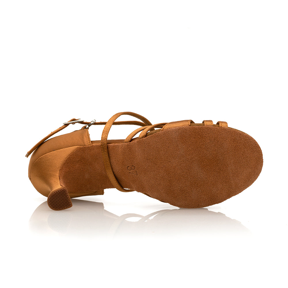 "Kira" Ladies latin sandals | Dark Tan Satin | 3" flare heel - Vivaz Dance